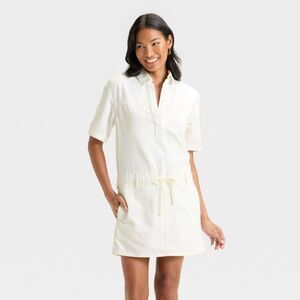 Universal Thread - Women's Short Sleeve Drop Waist Drawstring Mini Dr White
